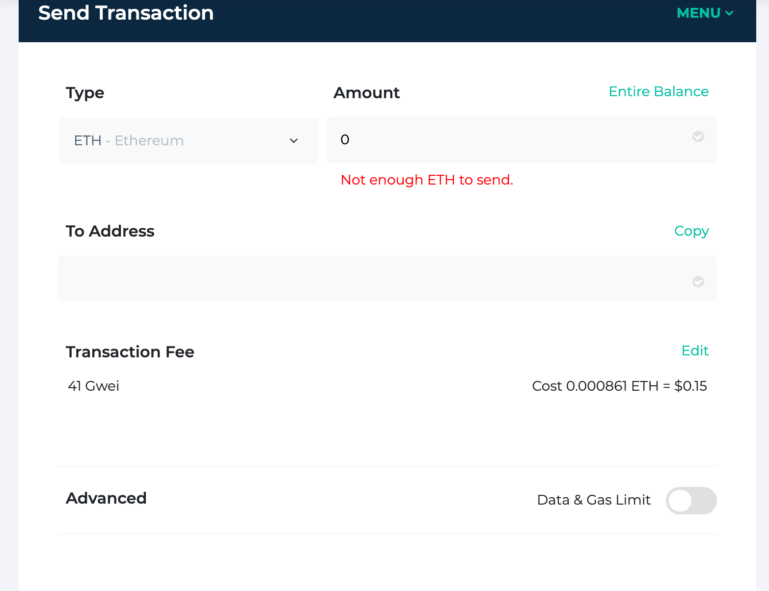 Click 'Edit' across from 'Transaction Fee' on the Send Transaction page.