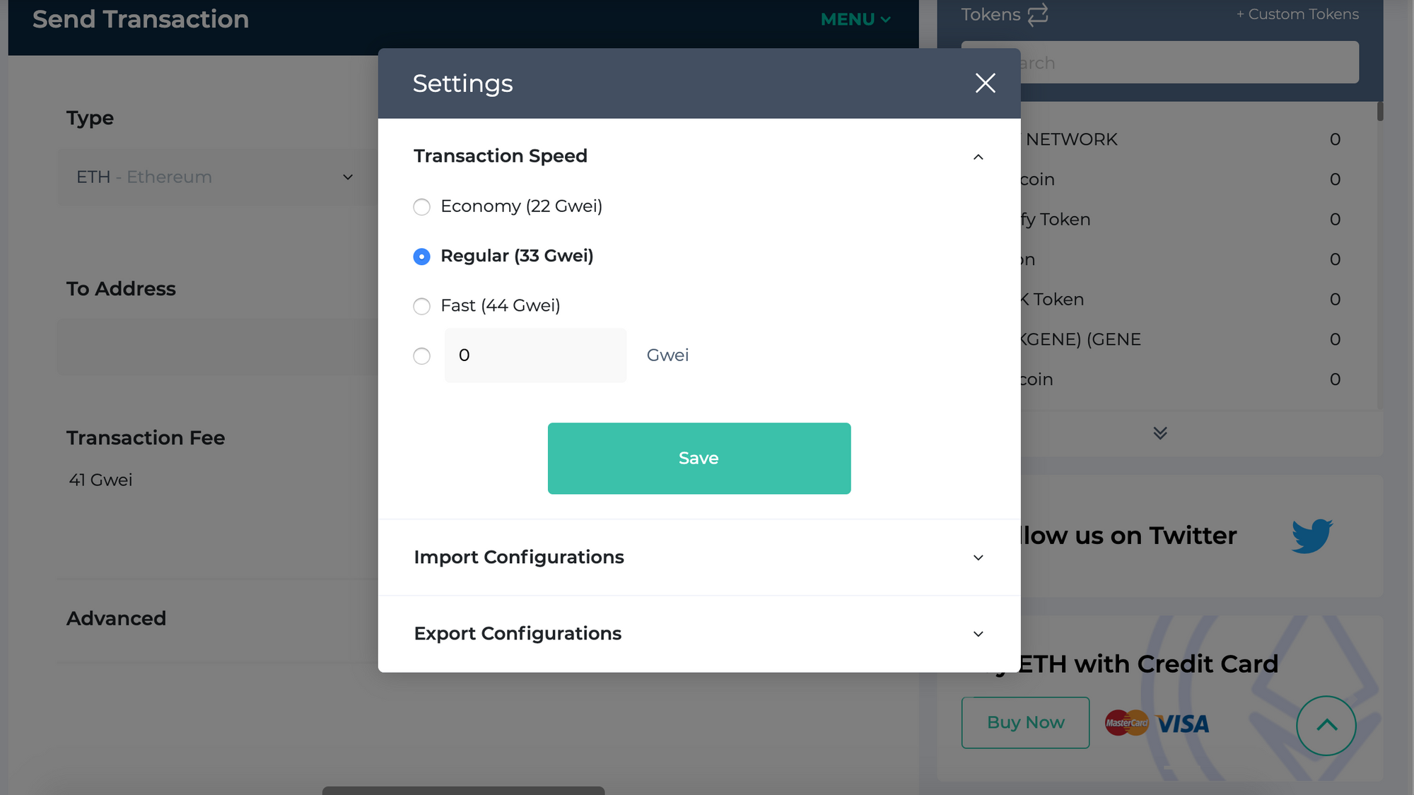 The Settings window. Every time you access wallet, prices in parentheses will adjust according to latest info from MEW nodes. So, your "Regular" setting will remain, but relative prices may change according to Ethereum network conditions.