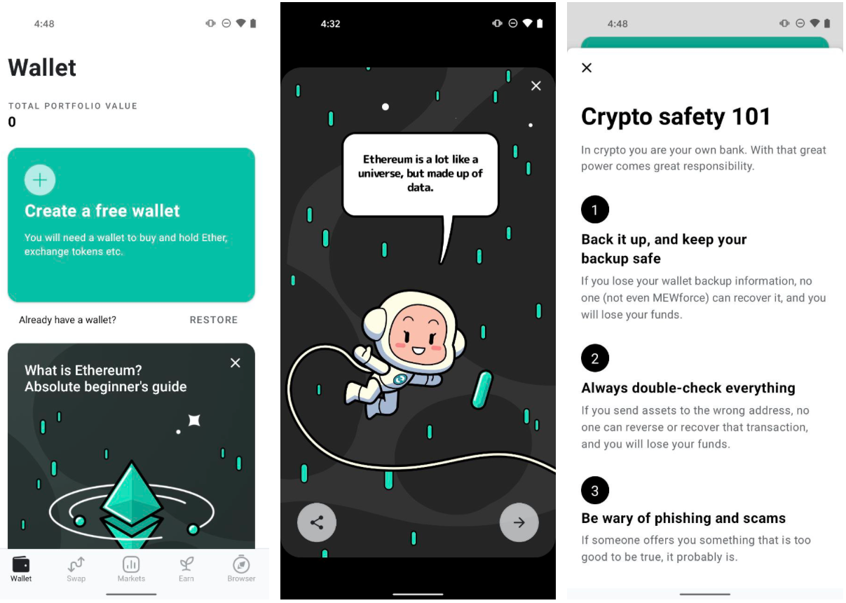 Create a new wallet, learn about Ethereum, read safety warning