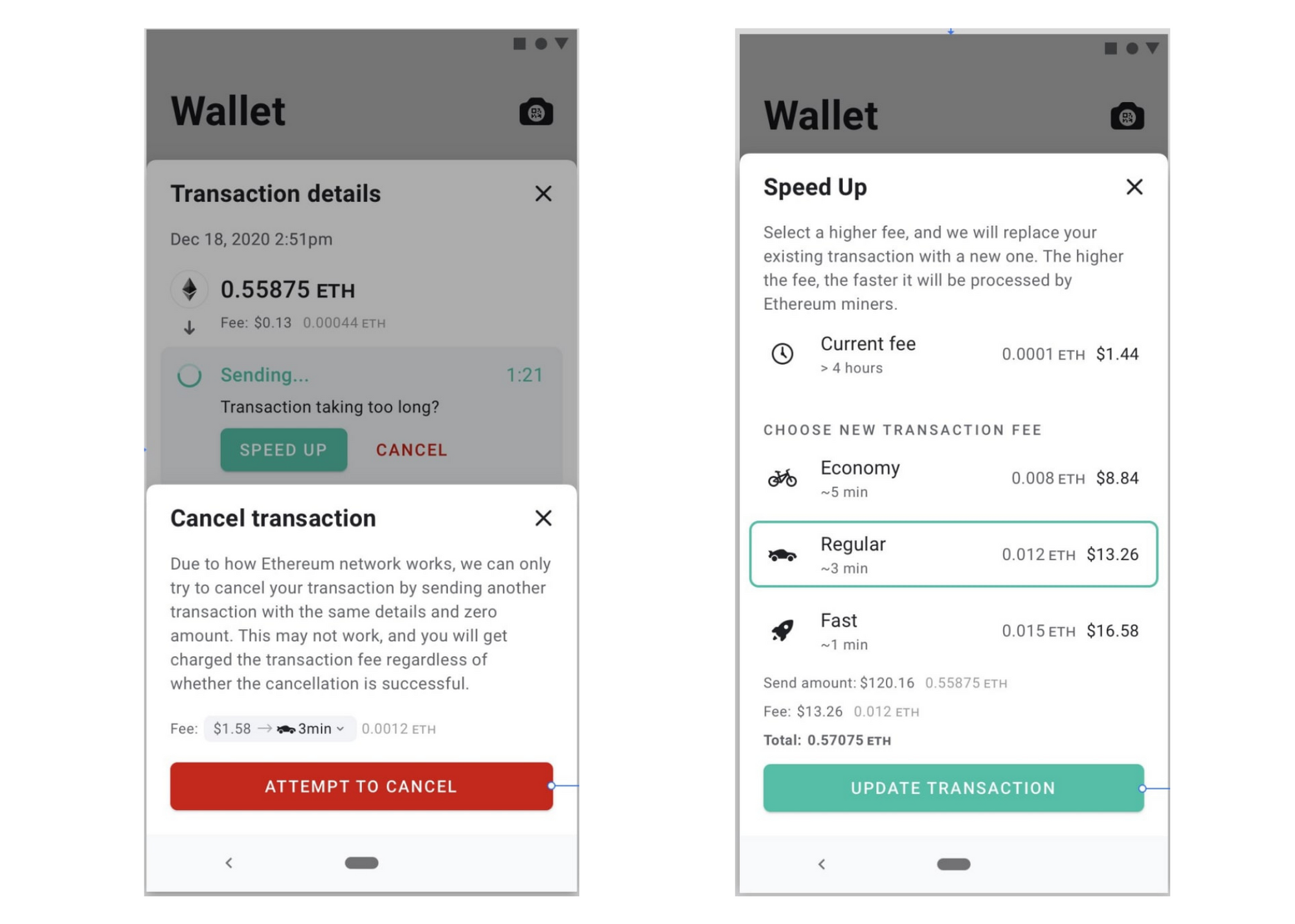 Speed up and cancel transaction in MEW wallet app.