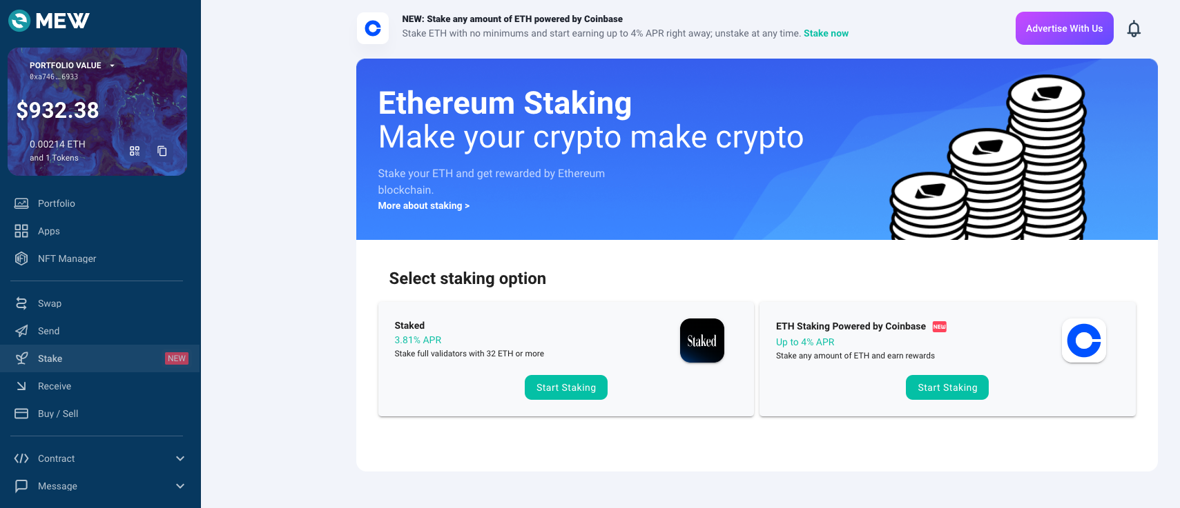 ETH Staking in MEW, Powered by Coinbase Cloud